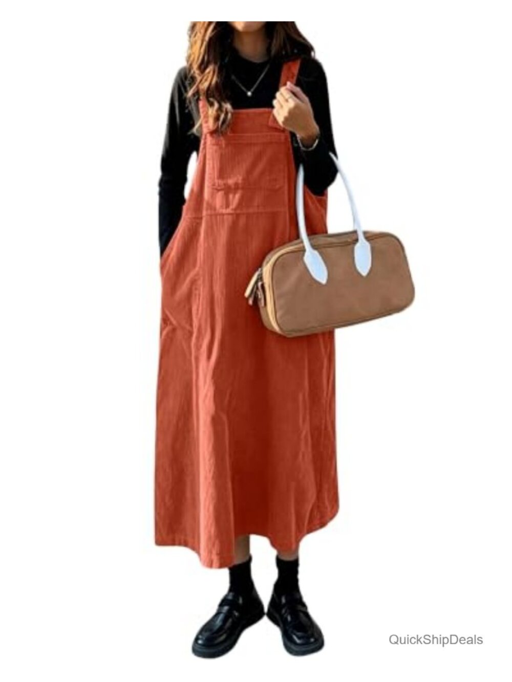 Women's Sleeveless Corduroy Jumper Dress Midi Pinafore with Pockets